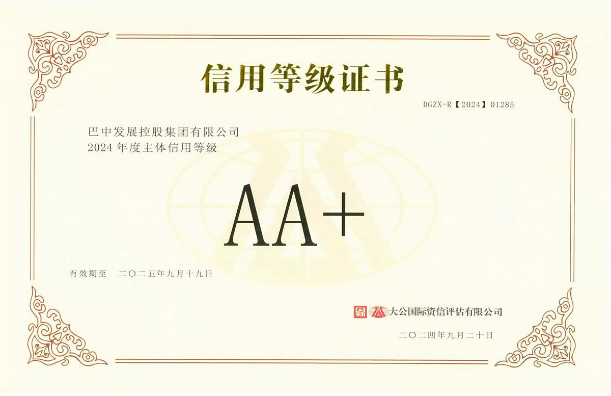 2024年9月20日，巴中發(fā)展集團獲得大公國際評級公司AA+主體信用評級